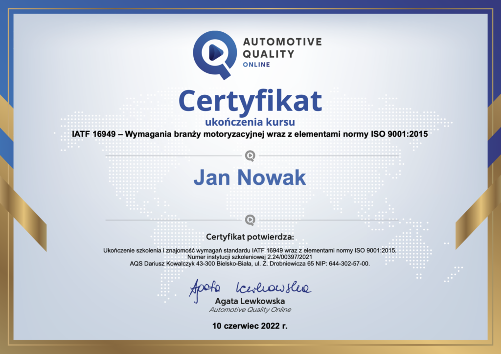 IATF 16949 szkolenie - certyfikat